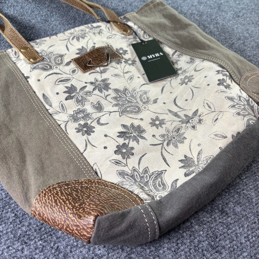 Myra Bag Canvas Leather Tote Women Medium Olive Floral Boho Handbag NWT New - Picture 4 of 7